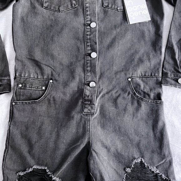 Distressed Relaxed Fit Denim Romper Dark Wash | Insane Gene - Picture 3 of 11